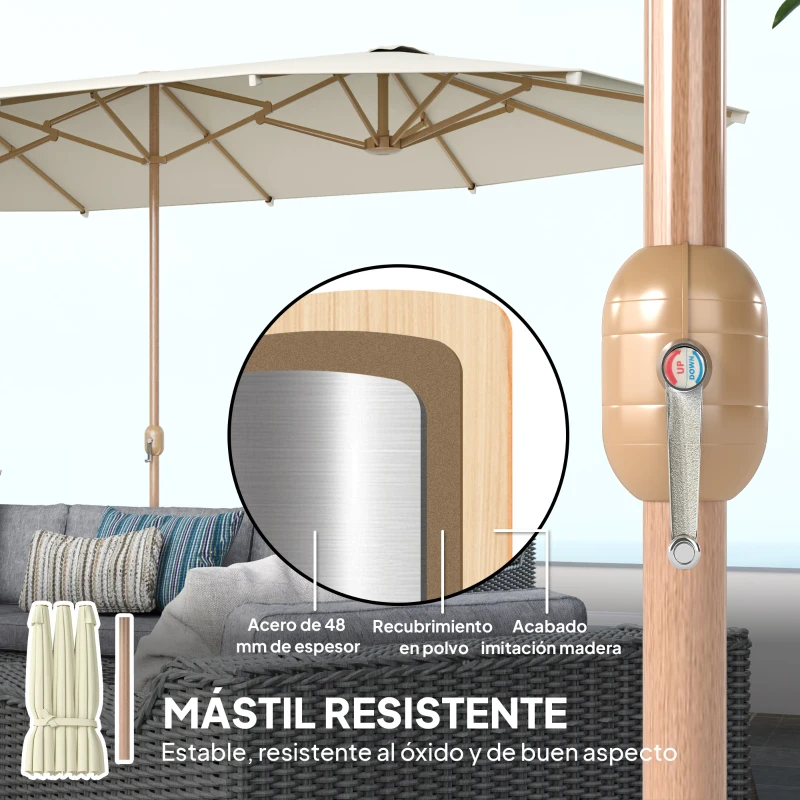 Outsunny Sombrilla Doble 4,6x2,7 m Sombrilla Grande con Manivela Manual Resistente al Agua y Protección Solar Beige