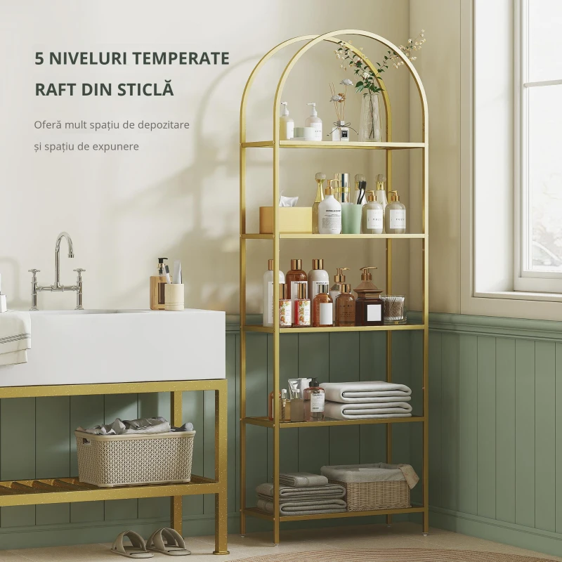HOMCOM Raft de Depozitare Arcuit cu 5 Nivele din Oțel și Sticlă Securizată, 60x30x175 cm, Auriu