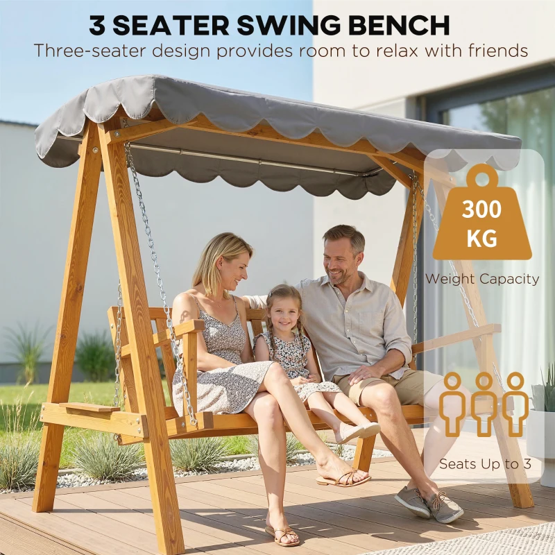 Outsunny 3 Seater Garden Swing Seat with Canopy, Wooden Swing Chair, Outdoor Hammock Bench for Balcony Patio Porch, Dark Grey