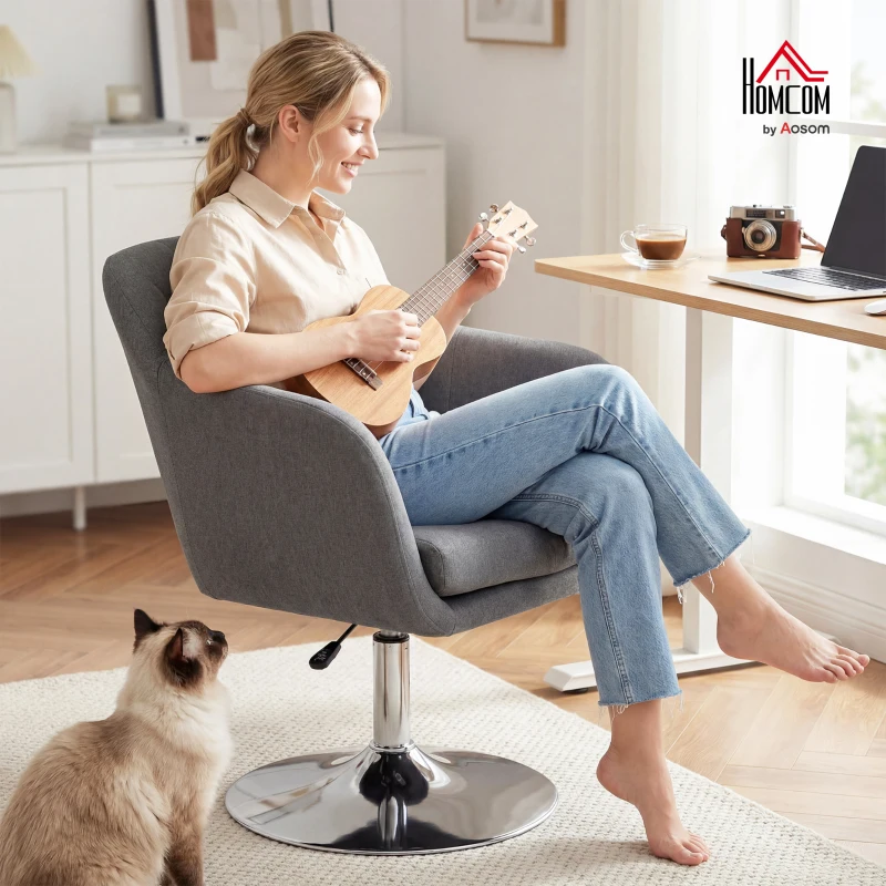 HOMCOM Swivel Linen Fabric Accent Chair for Living Room Contemporary Vanity Armchair with Adjustable Height Thick Cushion Lumbar Support Armrest for Bedroom Office Dark Grey