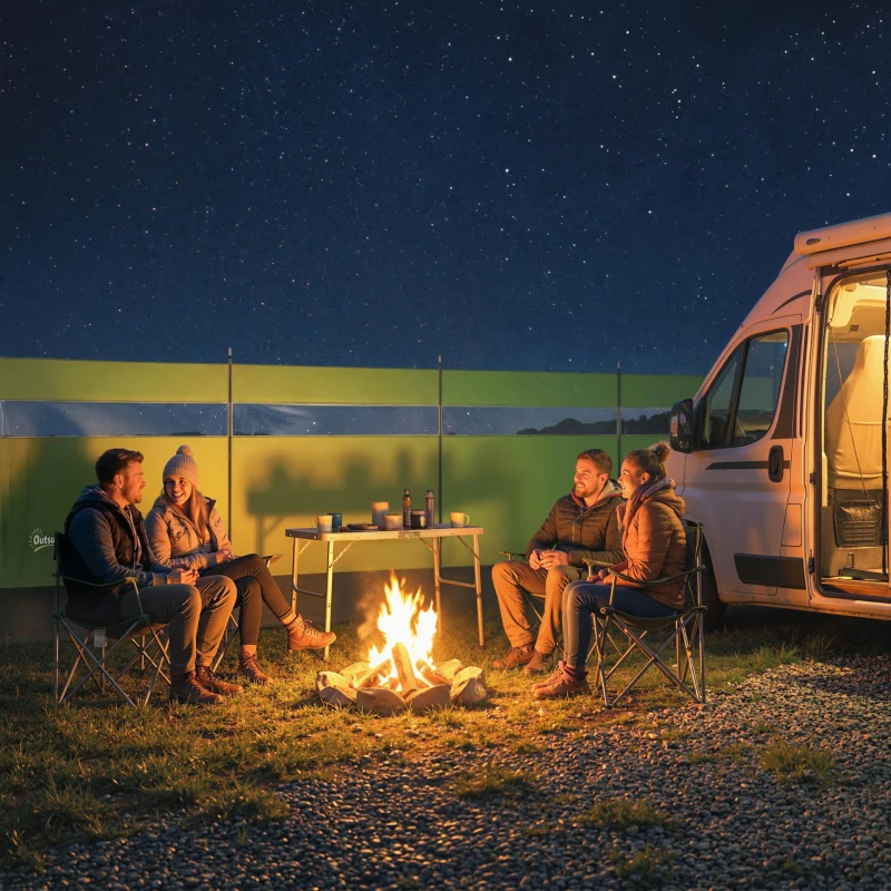 Outsunny Camping Windbreaker with Clear Windows, Carry Bag and Steel Poles, for Beach Caravan Campervan, 725 x 140cm, Army Green