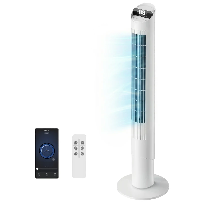 HOMCOM Tower Fan with WiFi App Control Standing Floor Cooling Fan Remote Control 101.8 cm White