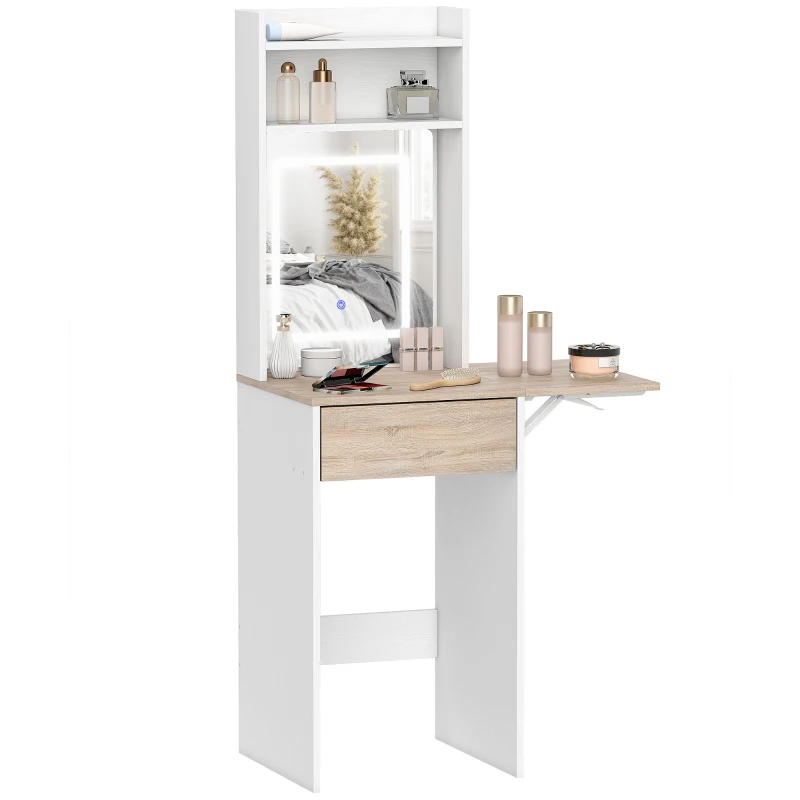 HOMCOM Small Vanity Desk with Mirror and LED Lights, Compact Dressing Table with Drop Leaf, Open Shelves and Drawer, White