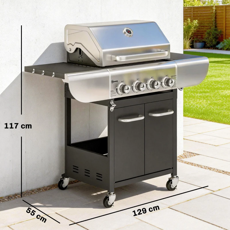Outsunny Barbacoa de Gas con 4 Quemadores 12,8 kW Termómetro Parrillas de Hierro Fundido Mesas Laterales Armario y Ruedas Negro