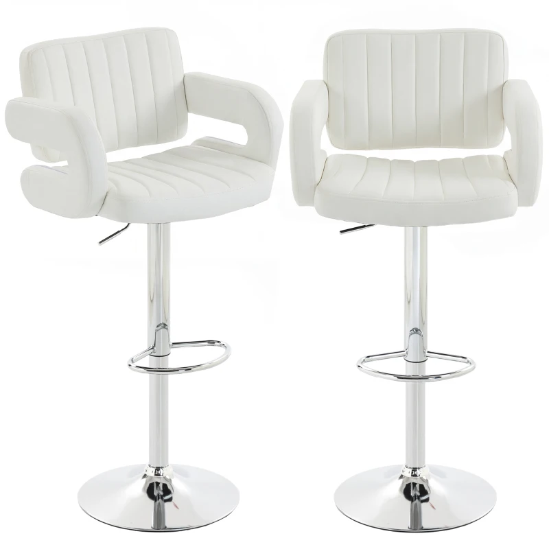 HOMCOM Bar Stools Adjustable Swivel Kitchen Chairs with Backrest Armrest Set of 2 PU Leather White