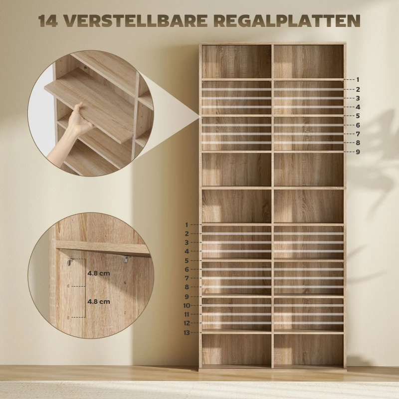 HOMCOM 9-stufiges DVD-Regal mit 18 Fächern und 14 verstellbaren Einlegeböden, Platz für 640 CDs, 360 DVDs oder 430 Blu-rays, Naturholz