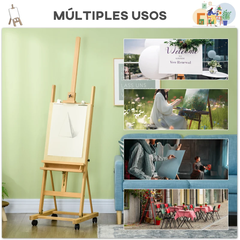Vinsetto Caballete de Pintura Plegable de Madera 238 cm con Ruedas Altura Ajustable Bandeja Natural