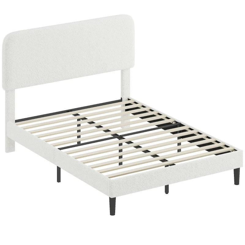 HOMCOM Cadre de Lit 140x190cm avec Sommier, Tête de Lit Réglable, Lit Double Rembourré en Velours Teddy, Lattes en Métal, Blanc