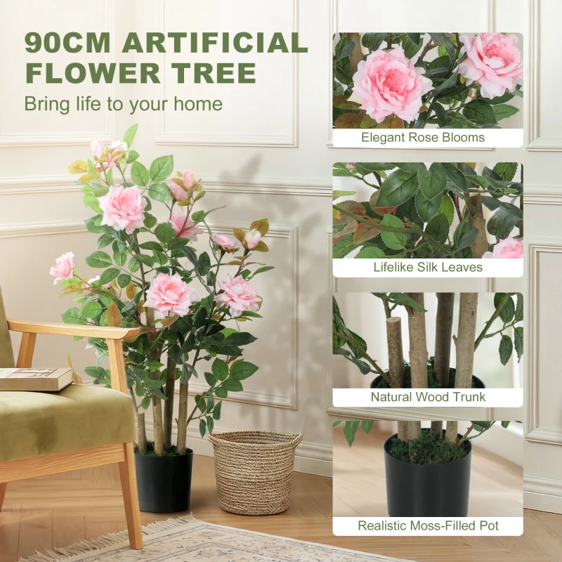 HOMCOM 90cm Artificial Rose Tree, Decorative Fake Plant with 344 Silk Leaves 17 Flowers for Outdoor Indoor Decor, Pink