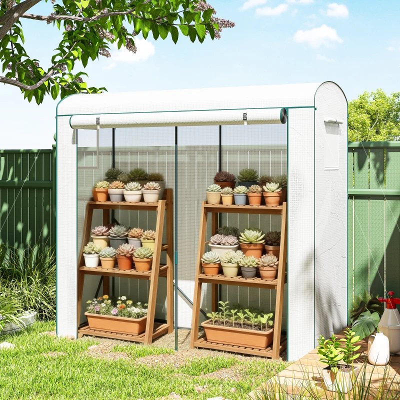 Outsunny Mini Greenhouse, Garden Tomato Growhouse with Roll-Up Door and 2 Mesh Windows, PE Cover, 200 x 75 x 188 cm, White