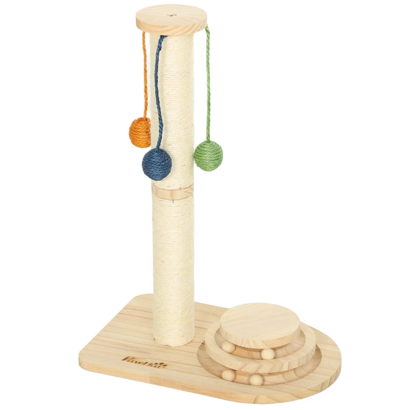 PawHut Poste Rascador para Gatos Altura 56,5 cm con 3 Bolas Colgantes Juguete de Pelota de Pista Madera Natural