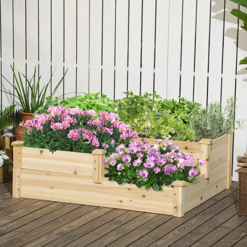 Outsunny Carré potager en bois jardinière extérieure en escalier 3 niveaux design sans fond 108 x 88 x 36 cm bois naturel