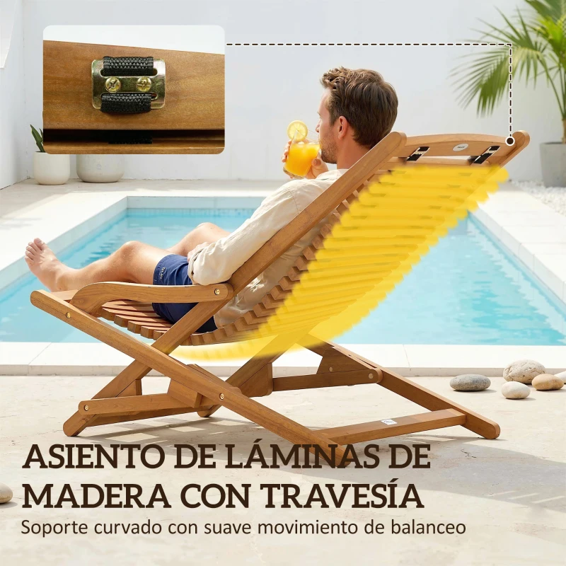 Outsunny Tumbona Silla Plegable de Madera con Reposapiés Desmontable y Cojín con Reposacabezas Carga 160 kg 158x61x70 cm Beige