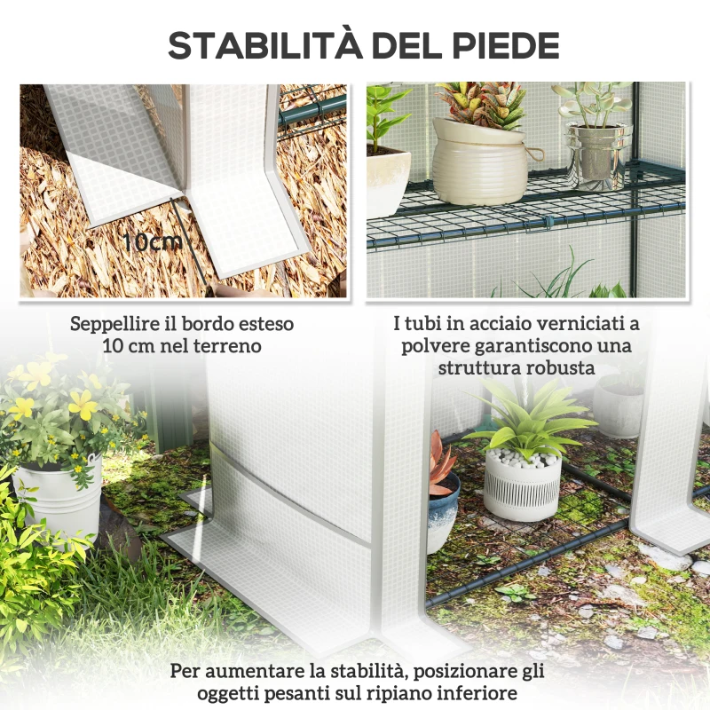 Outsunny Serra da Giardino con 2 Porte Avvolgibili, Scaffale a 3 Ripiani e Tasche Laterali, Bianco e Grigio