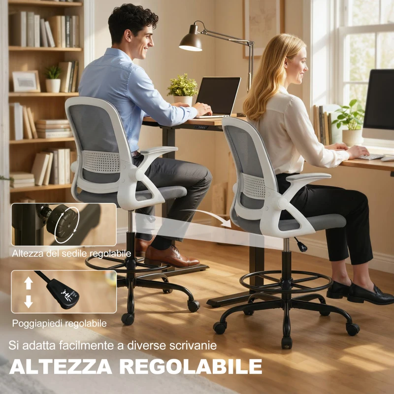 HOMCOM Sedia da disegno in rete con braccioli ribaltabili e poggiapiedi, Grigio