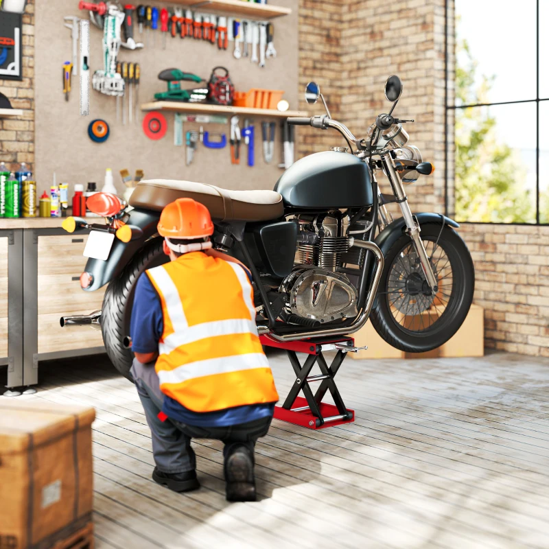 DURHAND Plataforma Elevadora de Tijera Carga 500 kg Altura Ajustable 10-37 cm Soporte para Motocicletas Soporte de Moto para Aparcar o Reparar Taller Garaje 41,5x23,5x10-37 cm Negro y Rojo