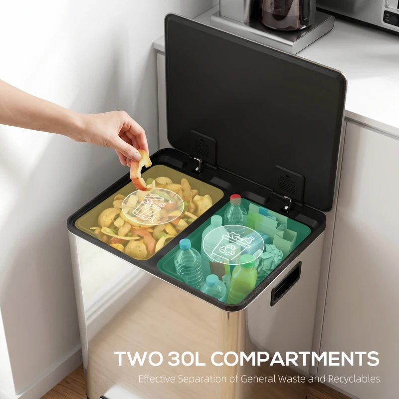 HOMCOM Kosz na śmieci z 2x30L komorami, pokrywą soft-close, odporny na odciski, stal nierdzewna, srebrny