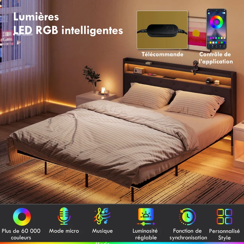 HOMCOM Cadre de lit 160 x 200 cm avec sommier acier, lit 2 personnes flottant avec lumières LED RGB et station de charge, gris