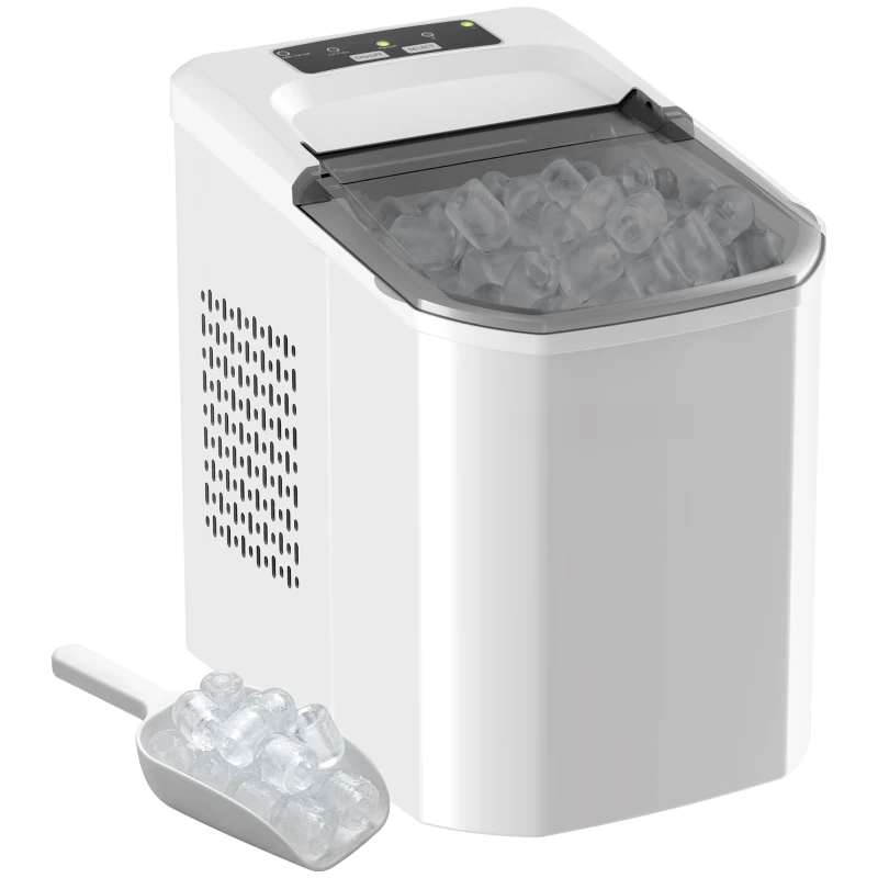HOMCOM Máquina de Gelo Autolimpável 12 kg/24H 9 Cubos Prontos em 7 Minutos 2 Tamanhos de Gelo Depósito de 1,5L Branco