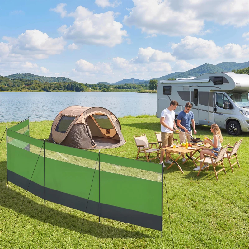 Outsunny Camping Windbreaker with Clear Windows, Carry Bag and Steel Poles, for Beach Caravan Campervan, 725 x 140cm, Army Green