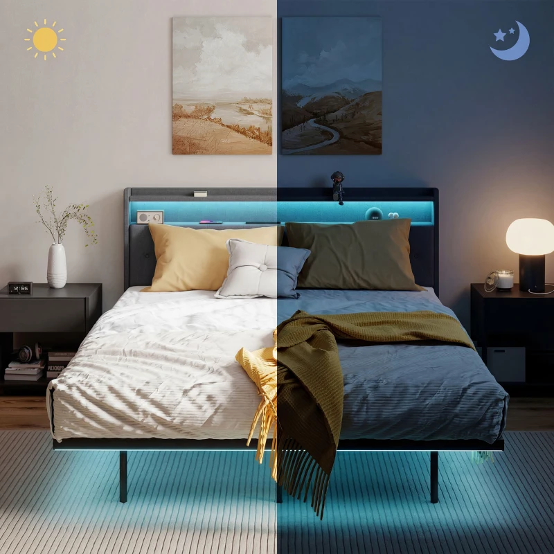 HOMCOM Cadre de lit 160 x 200 cm avec sommier acier, lit 2 personnes flottant avec lumières LED RGB et station de charge, gris