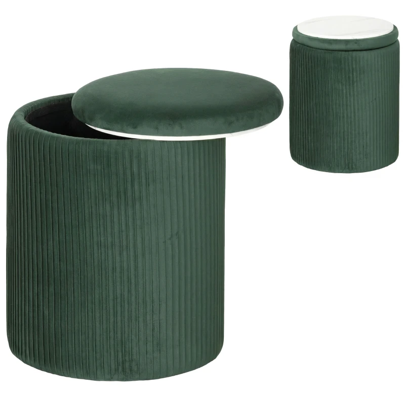 HOMCOM Storage Ottoman Modern Velvet Round Foot Stool for Living Room Bedroom 45 cm Dark Green