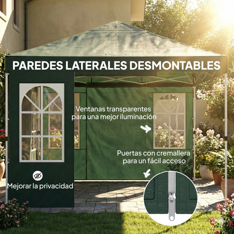 Outsunny Carpa Plegable 3x3 m Pop-up con UPF50+ 4 Laterales Desmontables Altura Ajustable y Bolsa de Transporte Verde
