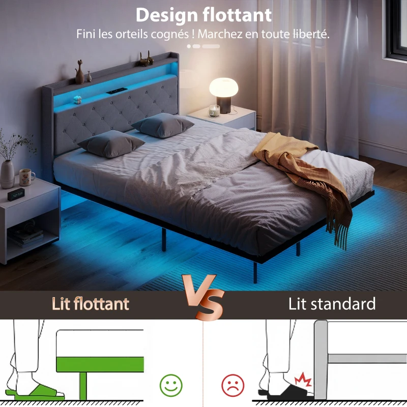 HOMCOM Cadre de lit 140 x 190 cm avec sommier acier, lit 2 personnes flottant avec lumières LED RGB et station de charge, gris