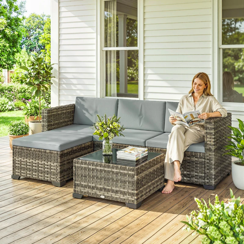 Outsunny Conjunto de Jardín Exterior de Ratán 5 Piezas con Cojines 2 Sillones de Esquina Sillón sin Brazos Reposapiés y Mesa