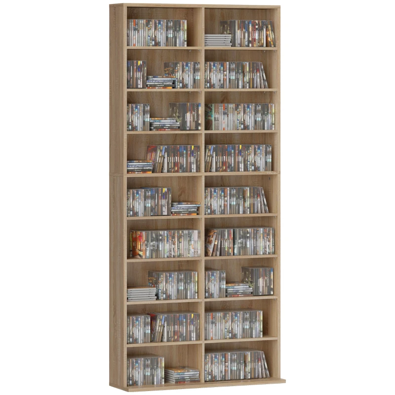 HOMCOM 9-stufiges DVD-Regal mit 18 Fächern und 14 verstellbaren Einlegeböden, Platz für 640 CDs, 360 DVDs oder 430 Blu-rays, Naturholz
