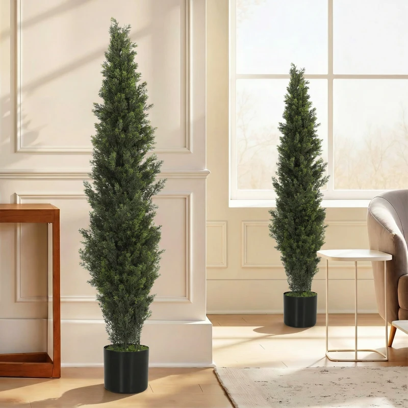 HOMCOM Set of 2 Decorative Artificial Plants Cypress in Weighted Pot, Fake Plant with 2035 Leaves, 150 cm