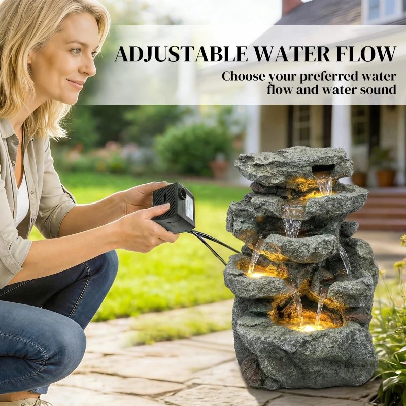 Outsunny Outdoor Fountain with 6-Tier Rock Design, Waterfall Feature with LED Lights, Resin Freestanding Garden Fountain, Grey
