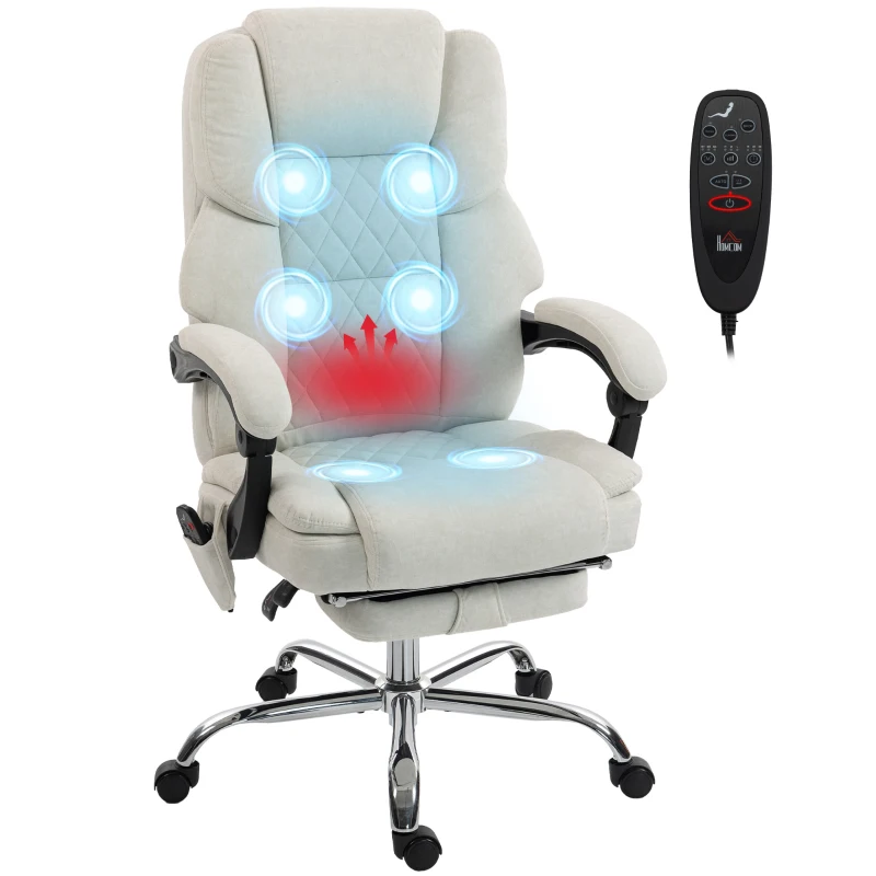 HOMCOM Office Chair with 6-point Vibration Massage and Heat, Fabric Desk Chair with Footrest, High Back, Cream White