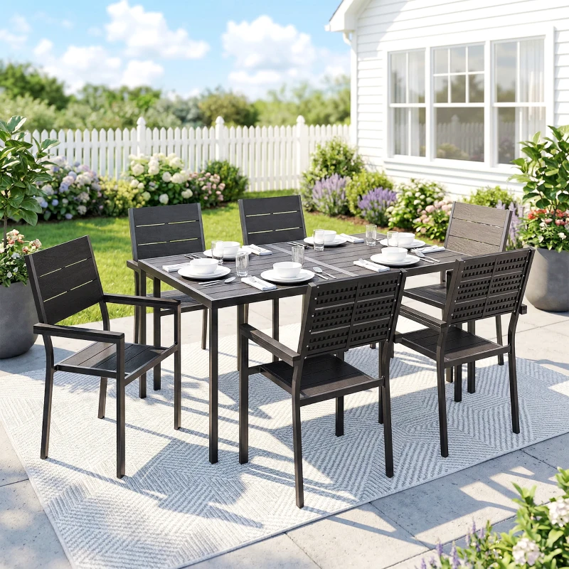 Outsunny 7 Pieces Outdoor Dining Set, Patio Table and Chairs for 6, Garden Dining Furniture Set with Slatted Tabletop