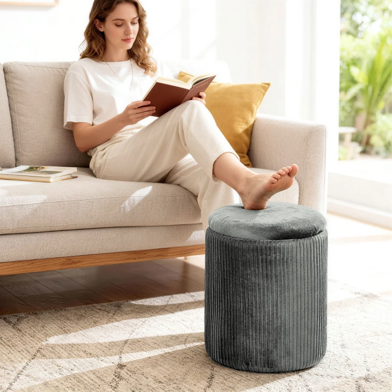 HOMCOM Storage Ottoman Modern Velvet Round Foot Stool for Living Room Bedroom 45 cm Grey