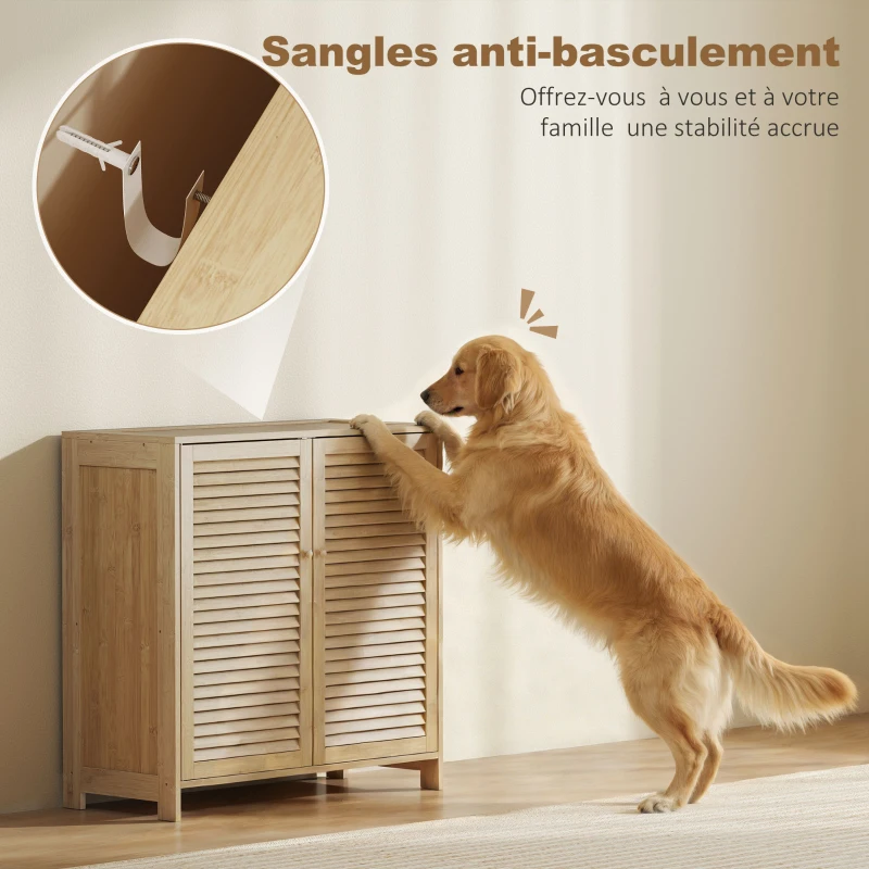 HOMCOM Meuble à chaussures en bambou 14 paires, armoire à chaussures avec portes persiennes et étagères réglables, bois naturel