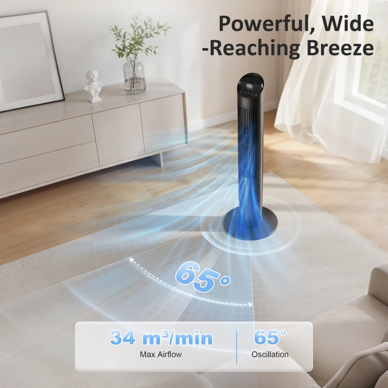 HOMCOM Tower Fan with WiFi App Control Standing Floor Cooling Fan Remote Control 101.8 cm Black