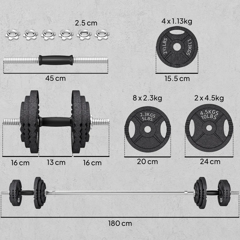 SPORTNOW Pesi per Palestra 2 in 1 da 42 kg con 14 Dischi, Bilanciere e Manubri, in Acciaio, 180x24x24 cm, Nero