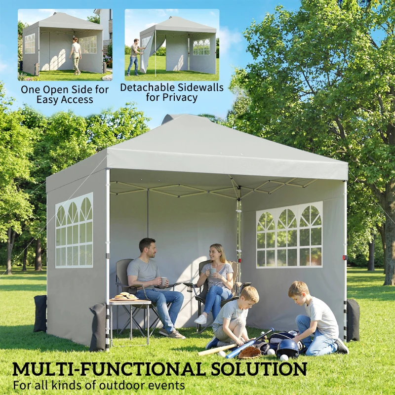 Outsunny Pawilon ok. 3x3 m Wodoodporny Regulowany Pop-up Składany Pawilon z 3 Ścianami Bocznymi, Oknem, Wentylacją, UV 50+ Jasnoszary