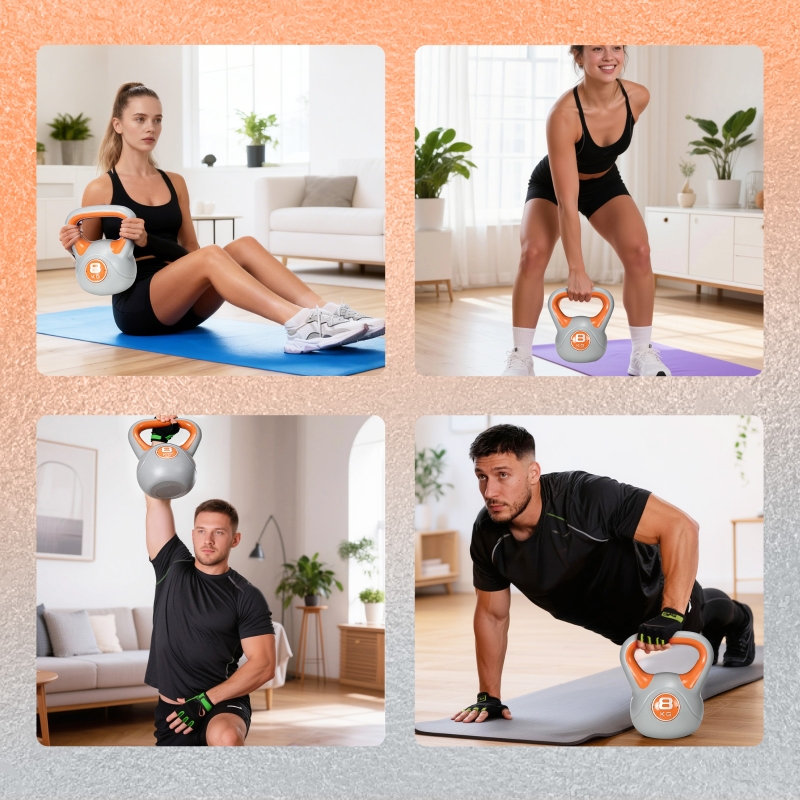 SPORTNOW Kettlebell 8 kg, haltère avec poignée ergonomique, haltère à boule, musculation, entraînement, 20 x 14 x 24 cm, orange