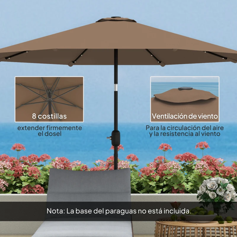 Outsunny Sombrilla de Jardín Ø265 cm con 32 Luces LED Solares Manivela y Poste de Acero para Patio Terraza Caqui