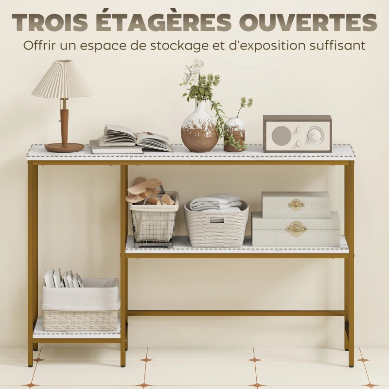HOMCOM Console meuble 120 cm, table console 3 niveaux avec étagères de rangement, plateaux imitation marbre, blanc et doré
