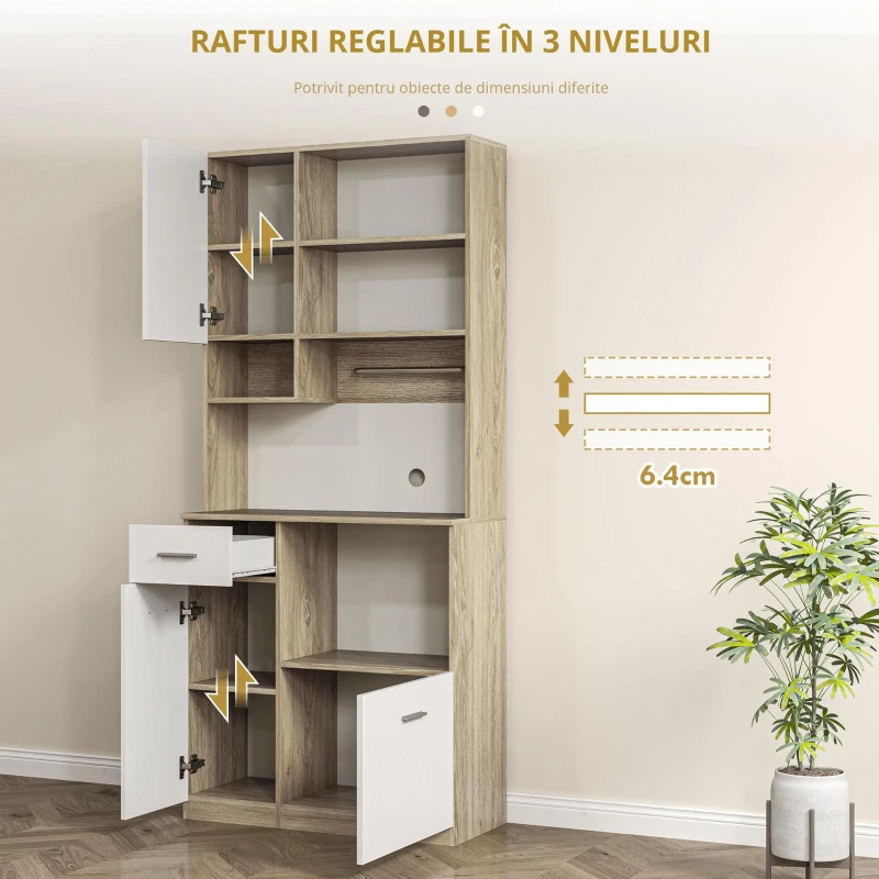 HOMCOM Bufet Înalt de Bucătărie cu Sertar, 3 Dulapuri și 4 Compartimente Deschise, 80x35x180 cm, Alb