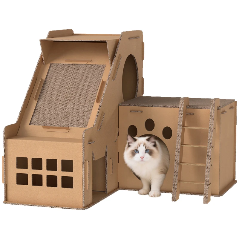 PawHut Rascador Cartón para Gatos Forma Castillo 2 en 1 Rascador para Gatos con 2 Zonas de Rascado Catnip 67x66x57 cm Marrón
