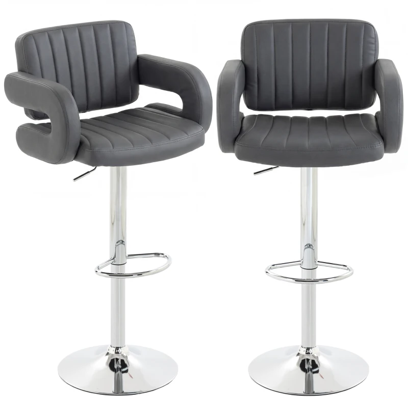 HOMCOM Bar Stools Adjustable Swivel Kitchen Chairs with Backrest Armrest Set of 2 PU Leather Grey