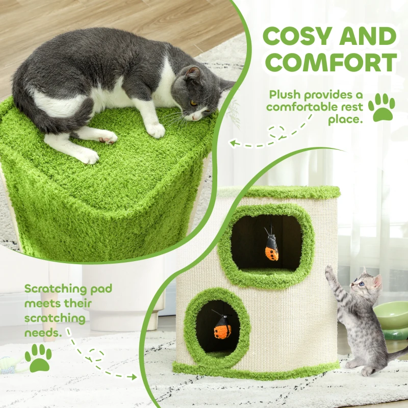 PawHut 52cm Cat Barrel Tower, 2 Story Cat Condo with Sisal Scratching Pad, Toy Ladybugs, Barrel Shaped Cat House Covered in Soft Plush, Green
