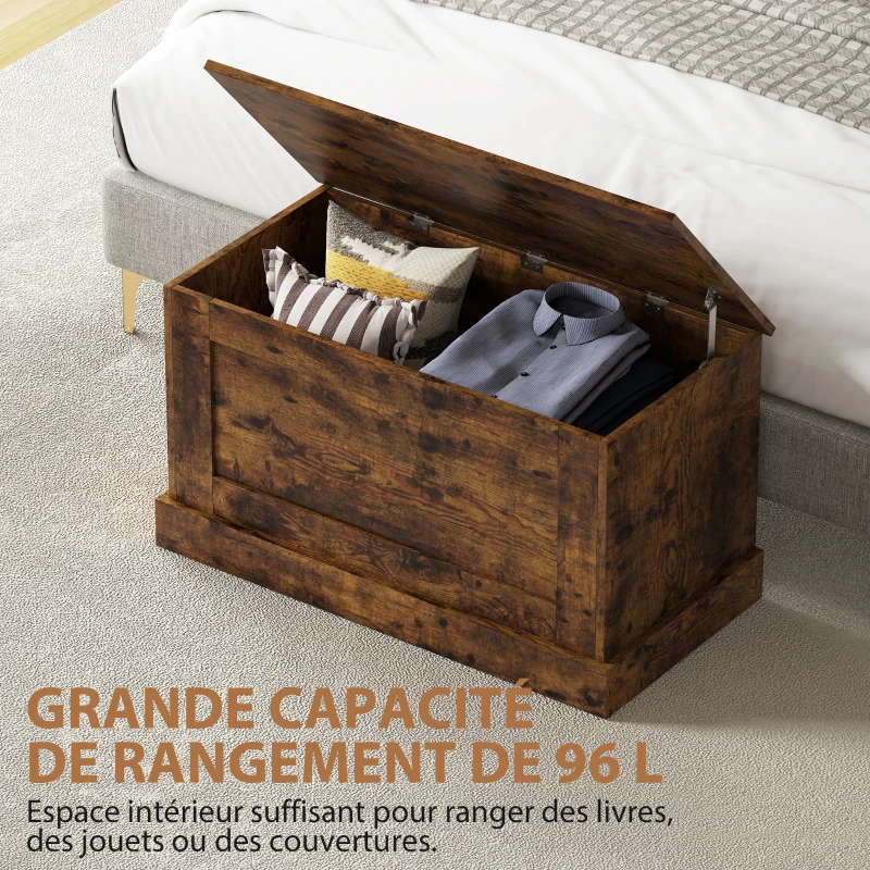 HOMCOM Coffre de rangement, coffre à jouets, avec charnière de sécurité, pour salon, en bois, 80 x 40 x 45 cm, brun rustique