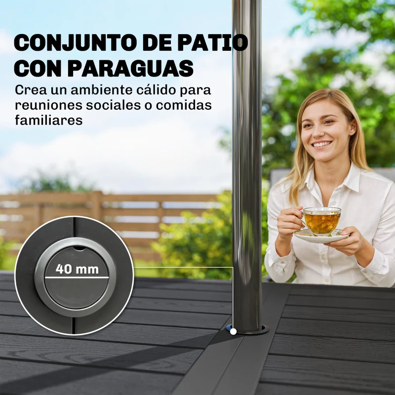 Outsunny Conjunto de Mesa y Sillas Jardín con Mesa Metálica con Agujero y 6 Sillas Apilables Transpirables para Terraza Gris