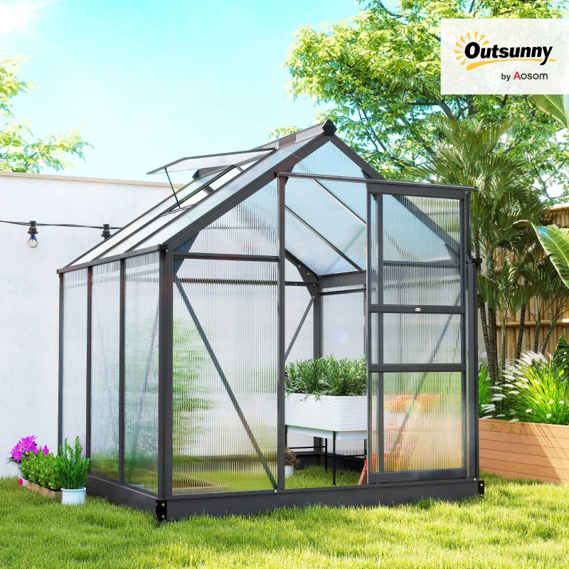 Outsunny 6 x 6ft Polycarbonate Greenhouse, Large Walk-In Green House with Slide Door and Window, Garden Plants Grow House with Aluminium Frame and Foundation, Grey(m-10)