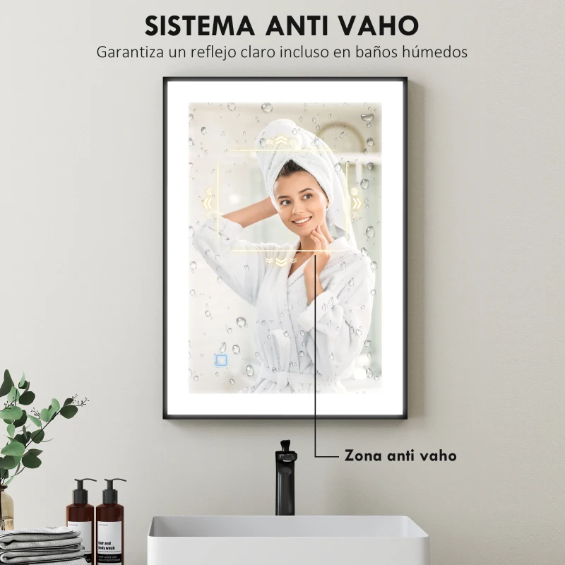 HOMCOM Espejo de Baño con Luz LED 70x50 cm con Iluminación Ajustable Función Antivaho Función de Memoria Negro